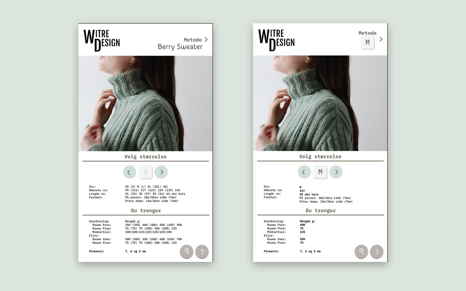 Two screens from the interactive knitting recipe