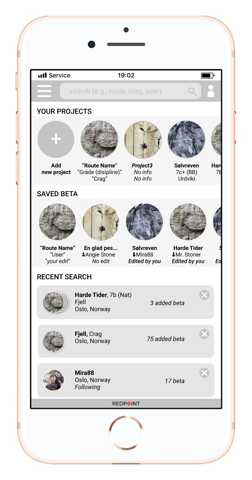 Redpoint home screen with projects, saved beta and recent searches