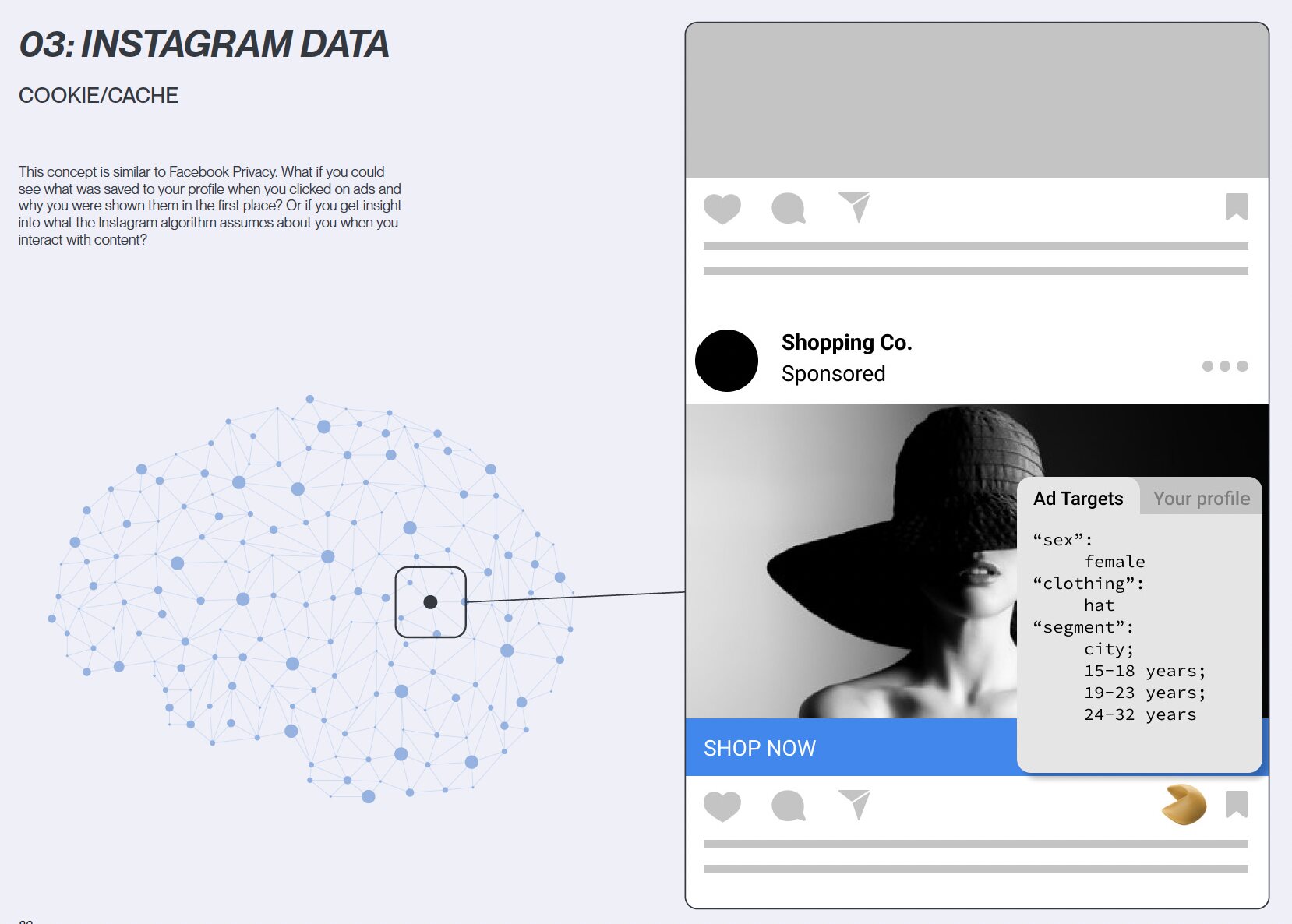 Possibility study 03: Instagram data, showing an ad with the targeting data behind it